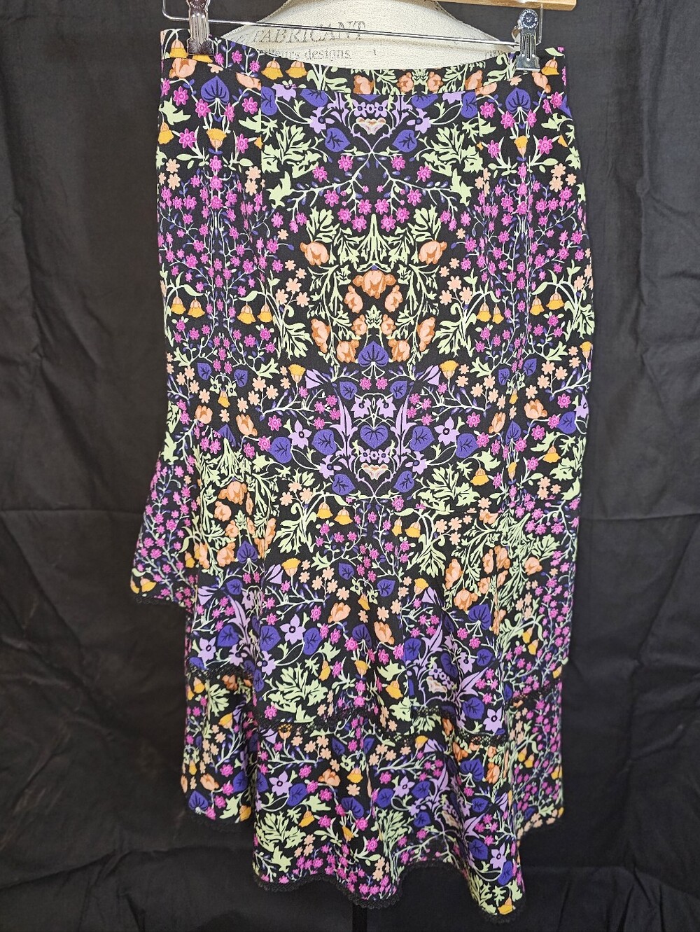 Floral Black Tiered Midi Skirt with Purple & Orange Blooms